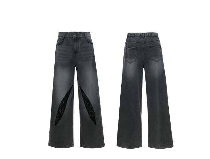 Washed Jeans Distressed Streamer Sequins Casual Straight Pants Men