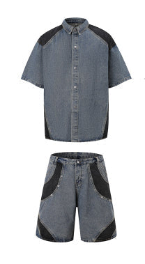 Retro Personalized Washed Short-sleeved Jeans Suit