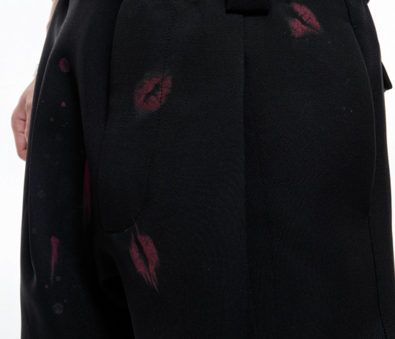 Red Lip Print Suit Pants Slightly Stretch High Draping Effect Trousers