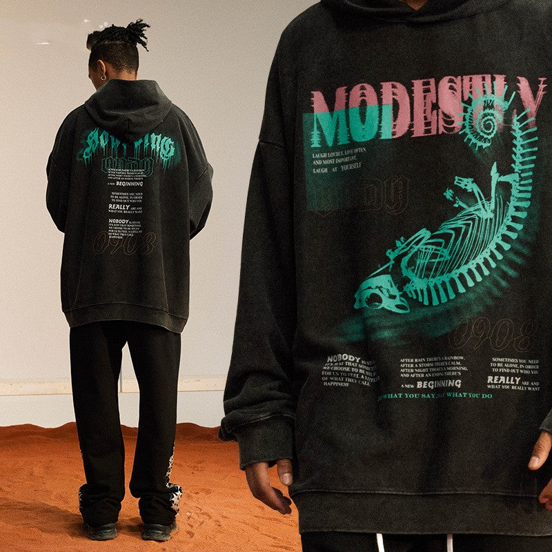 Washed And Worn Large Print Hoodie Loose Heavy Weight Terry Sweater