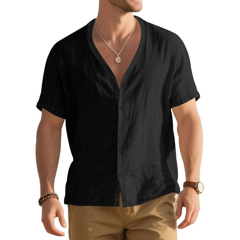 Men's Imitation Linen Bamboo Short-sleeved Henley Shirt Loose Casual Trend