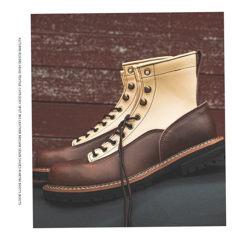 Fashion Contrast Color Cowhide Tooling Men's Boots