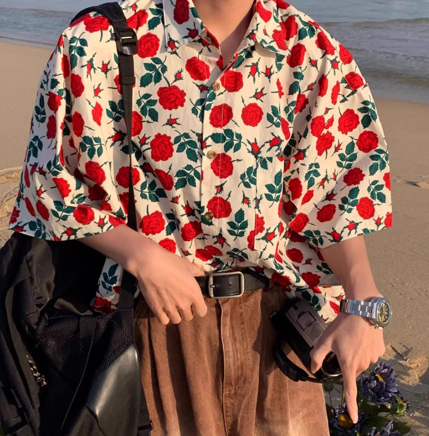 Summer Port Style Retro Rose-printed Short-sleeved Shirt