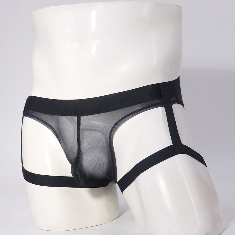 Mens Ice-silk Thong With Suspenderssheer And Ultra-sexy