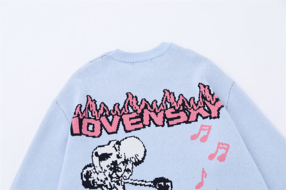European And American Rock Anime Flame Jacquard Round Neck Sweater