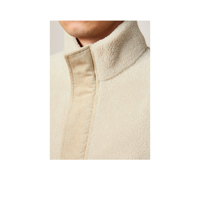 Men's Winter Faux Lamb Warm Thick Jacket Casual Style Stand Collar Solid Color