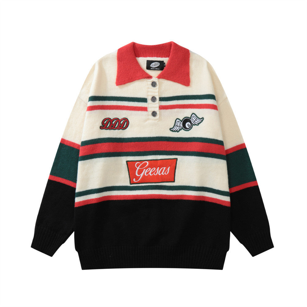 Men's American Style Colorblock Striped Lapel Pullover Sweater