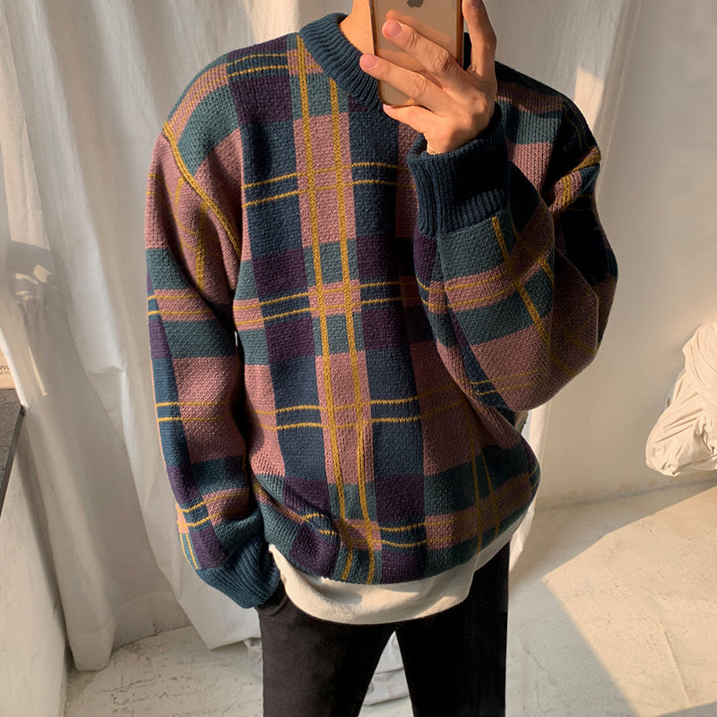 Men's Winter Thick Sweater Color Matching Plaid