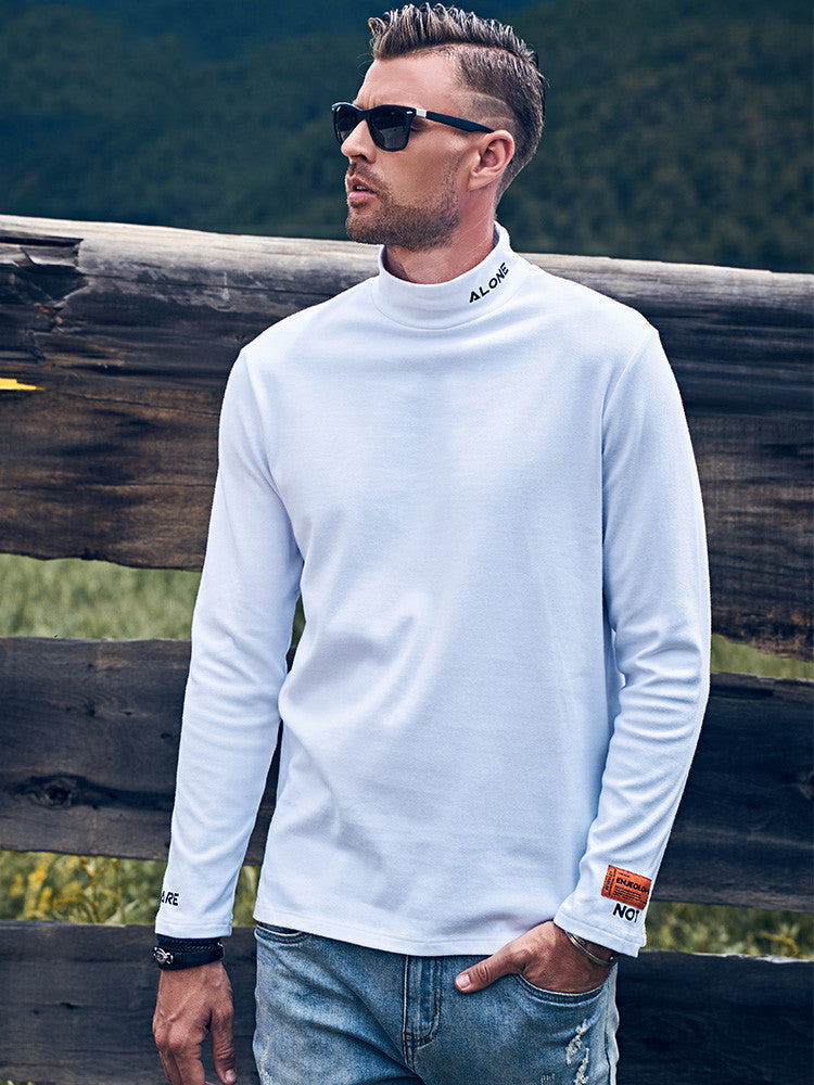 Men's Long-sleeved T-shirt With Velvet Half High Collar To Keep Warm Inside
