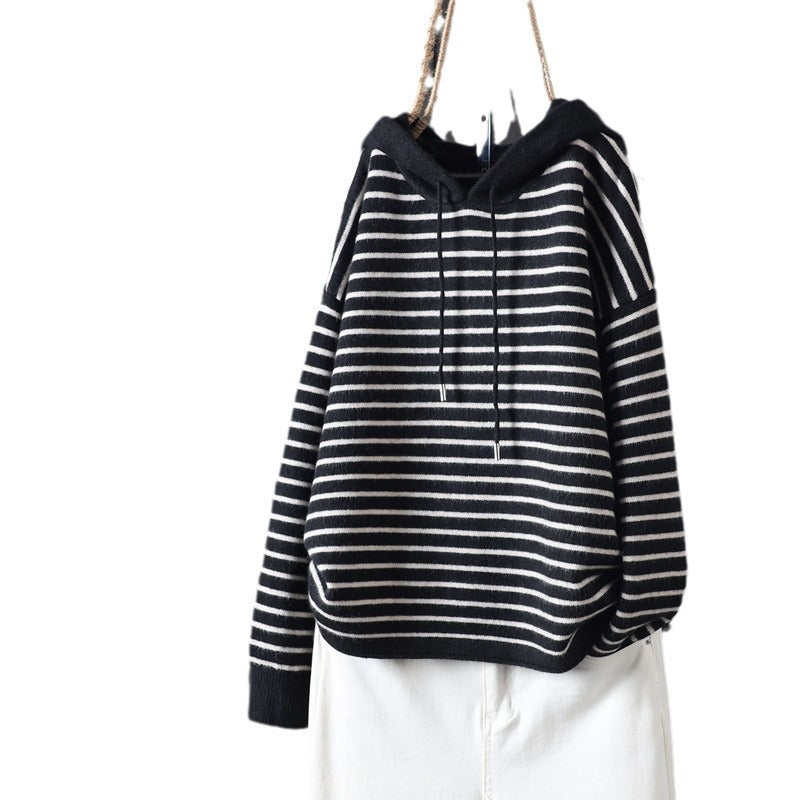 Spring Fashion Long Sleeve Striped Hooded Knitted Sweater