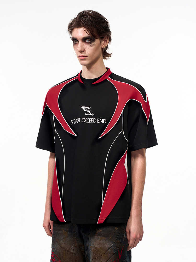 Letter Print Short-sleeve Men's Color Matching Sports Jersey T-shirt