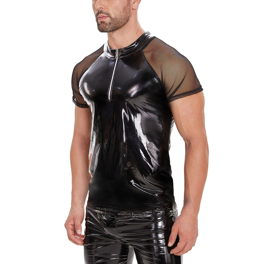 Men's PVC Bright Leather Jacket Sexy Slim-fit Short-sleeved Leather