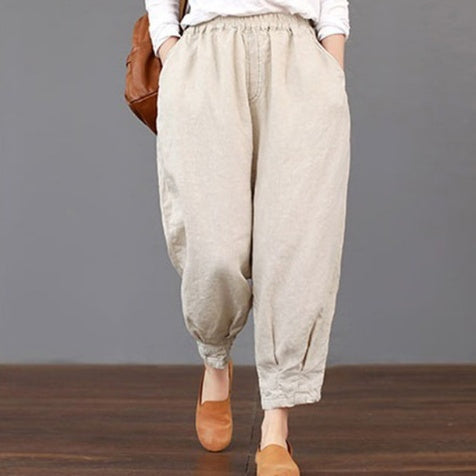 Spring And Summer Women's Casual Solid Color Cotton Linen Elastic Women's Pants