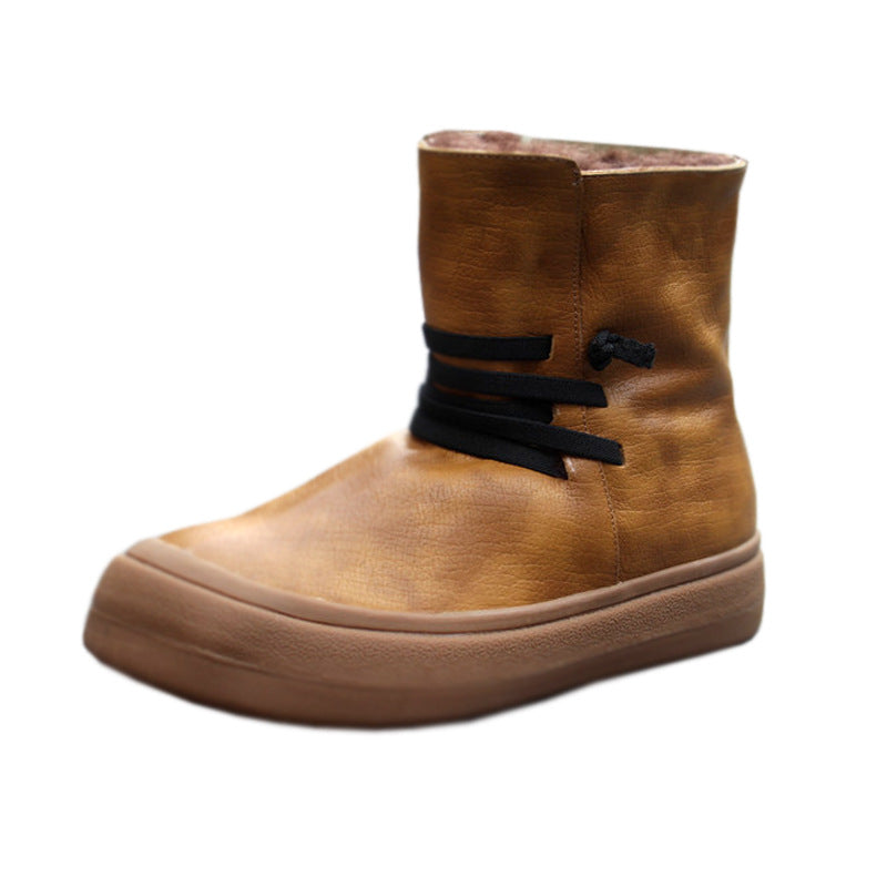 Handmade Cowhide Boots For Women With Vintage Round Head