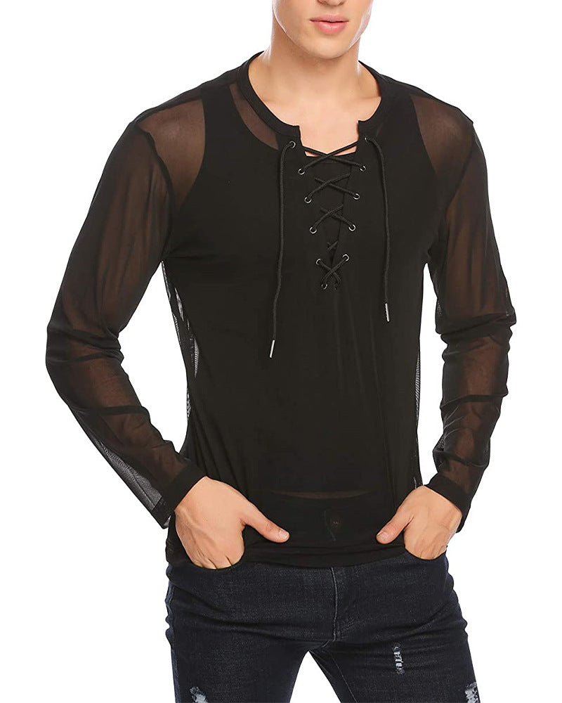 Men's Solid Color Fashion Tulle Lace Up T-shirt