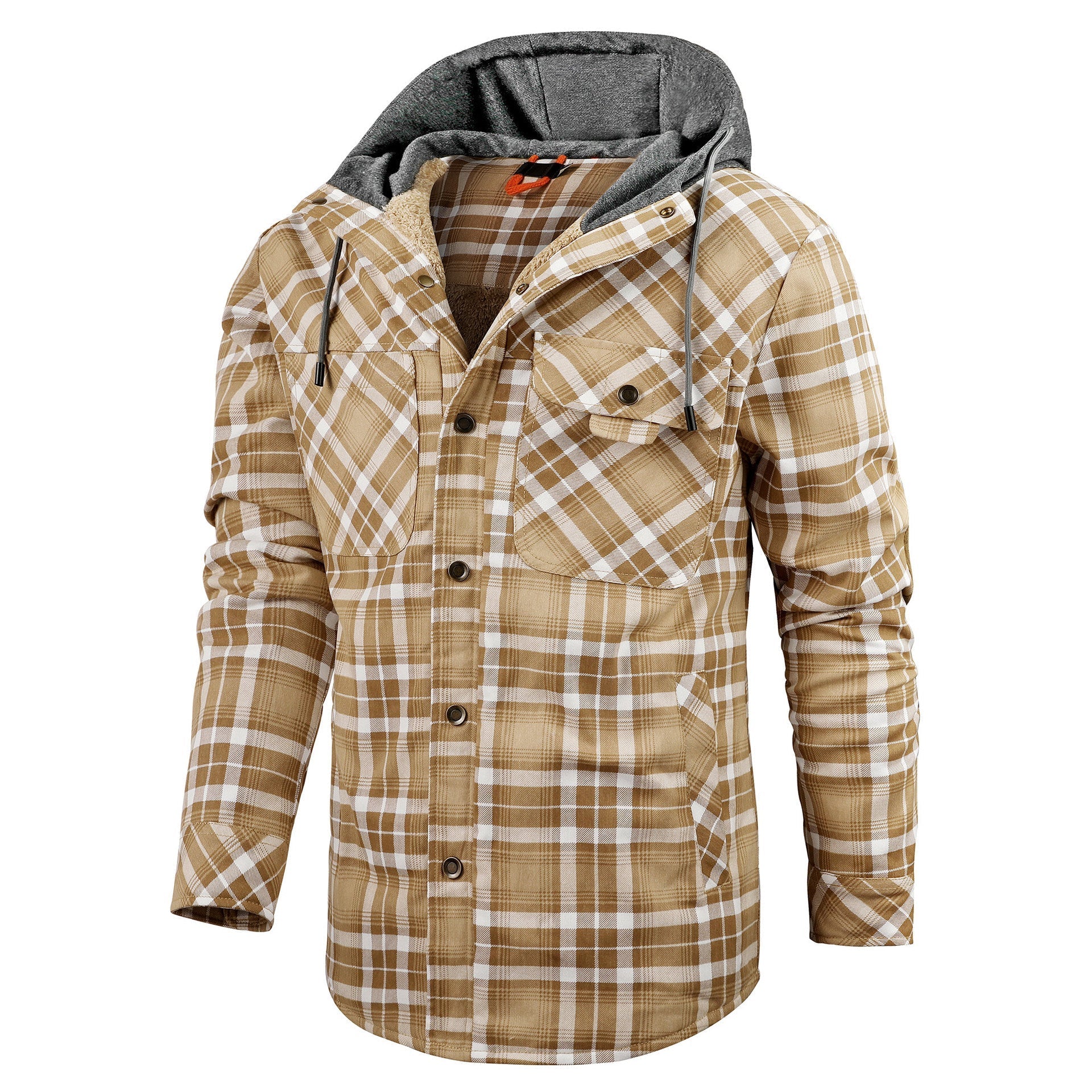 Men's Long-sleeved Fleece-lined Hooded Plaid Shirt Autumn Winter Coat Cotton-padded Jacket