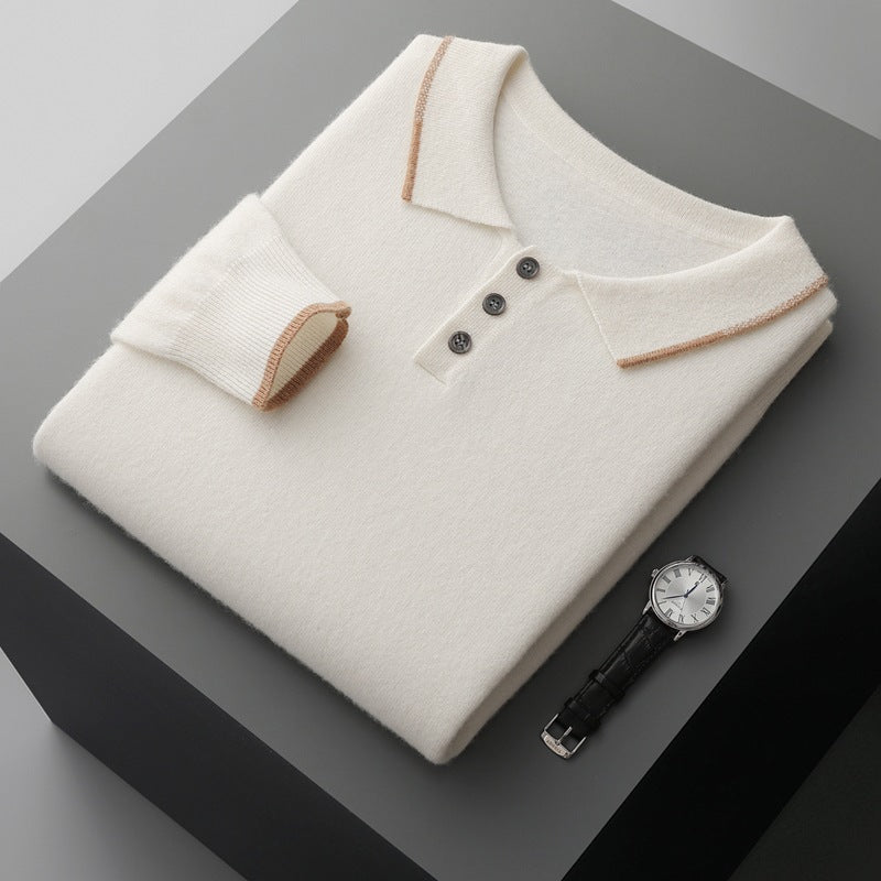 Men's Long Sleeve Polo Collar Casual Fashion Color Block Long Sleeve Knitted Sweater