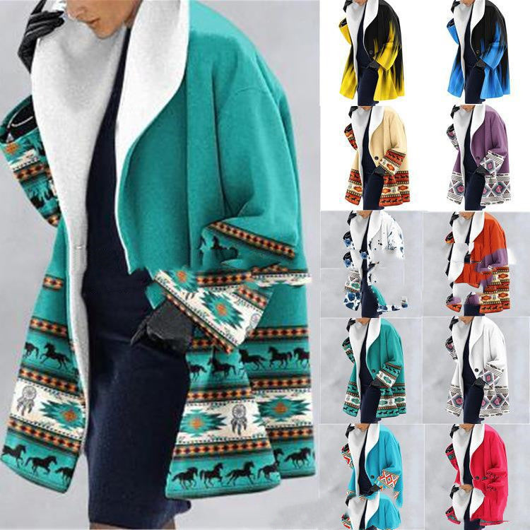 Thick Woolen Print Hooded Loose Medium Length trench Coat