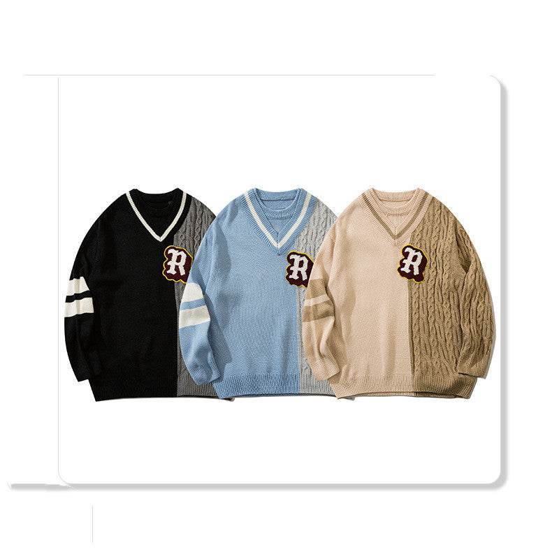 Stitching Sweater Fake Two Pieces Of V-neck