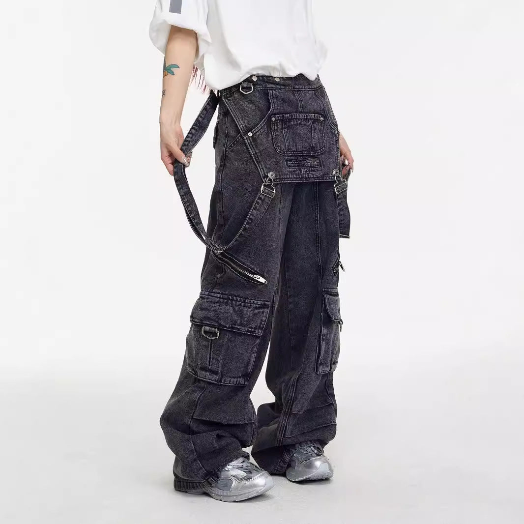 Niche Mechanical Style Jeans Design American Vintage Strap Stitching Trousers