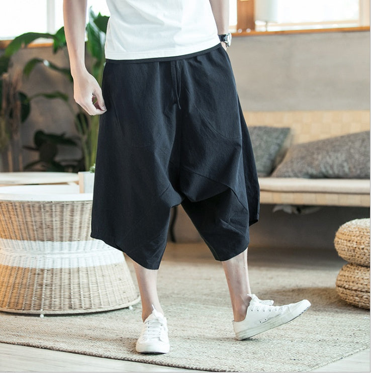 New Chinese style cotton low-grade trousers big pants youth solid color wild large size casual pants loose tide