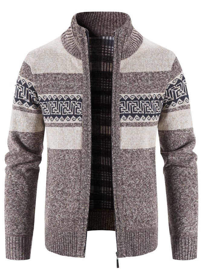 Casual Men's Hooded Color Block Printed Cardigan Knitted Cardigan Sweater Jacket