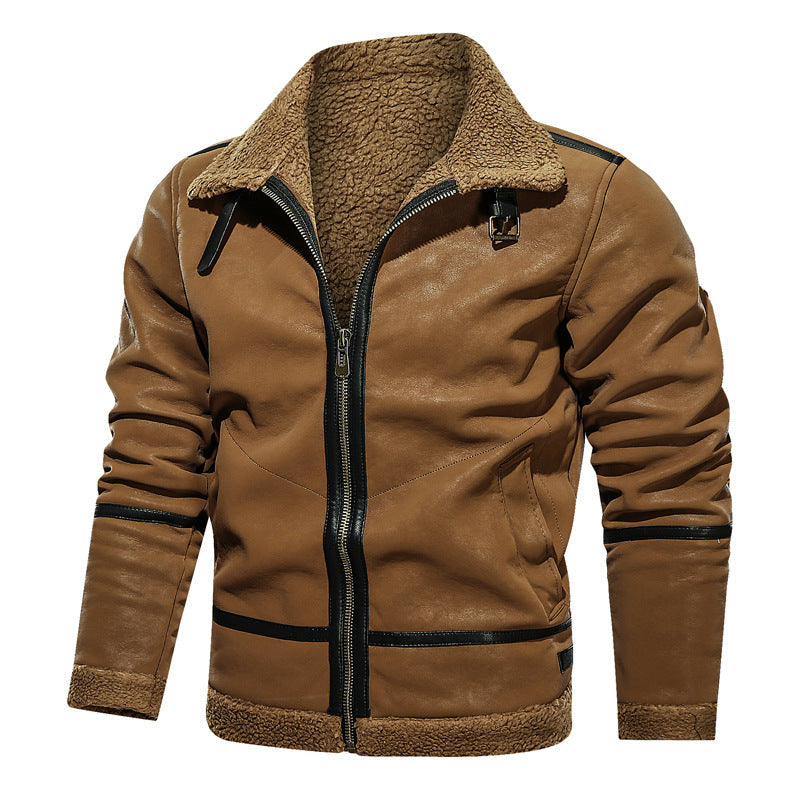 Men's European And American Style Lapel Plus Velvet Leather Jacket