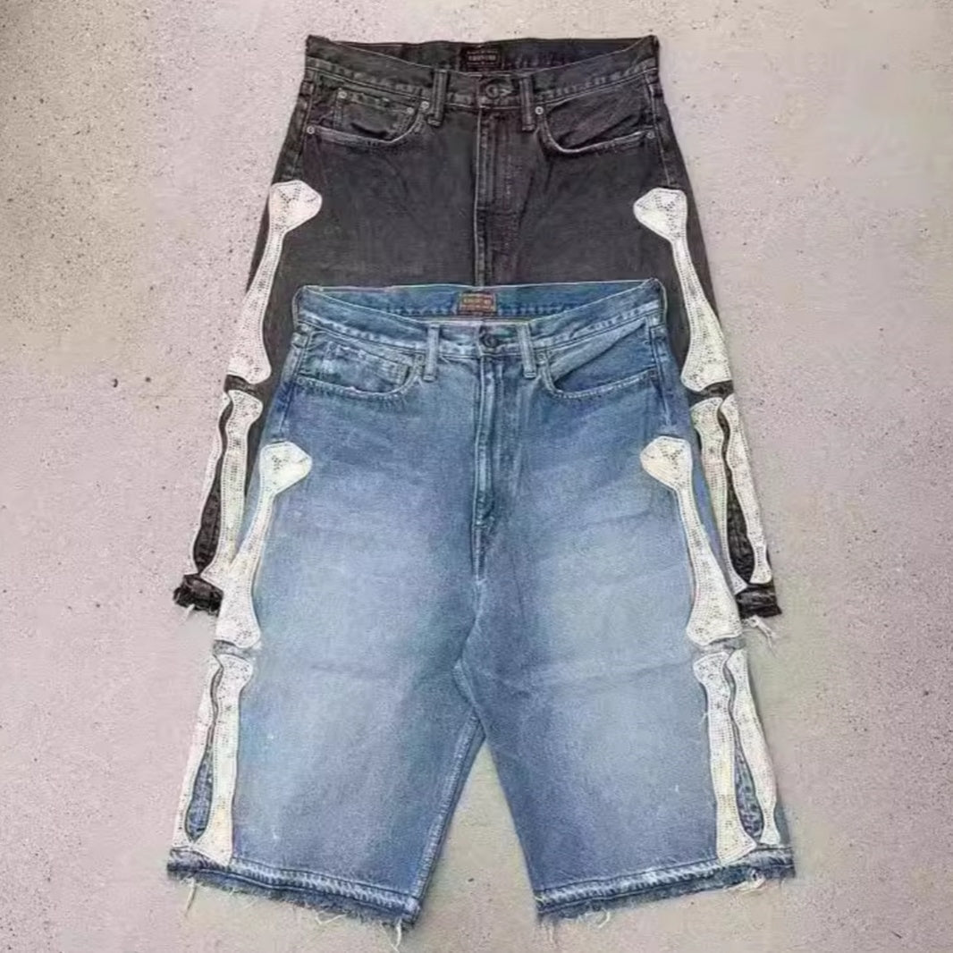 Hip Hop Embroidered Bones Casual Denim Shorts