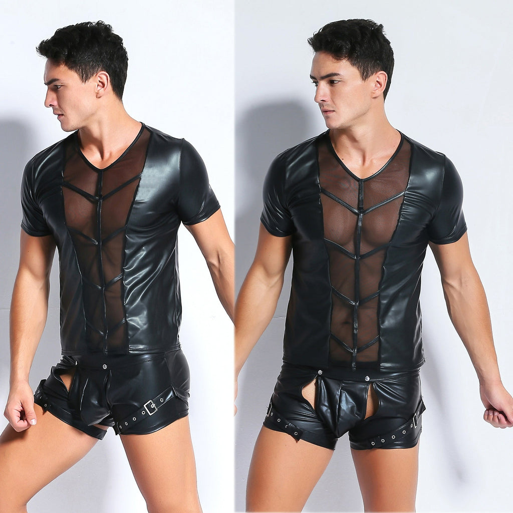 Men's Sexy Patent Leather Tight Short Sleeve Stage Nightclub Performance