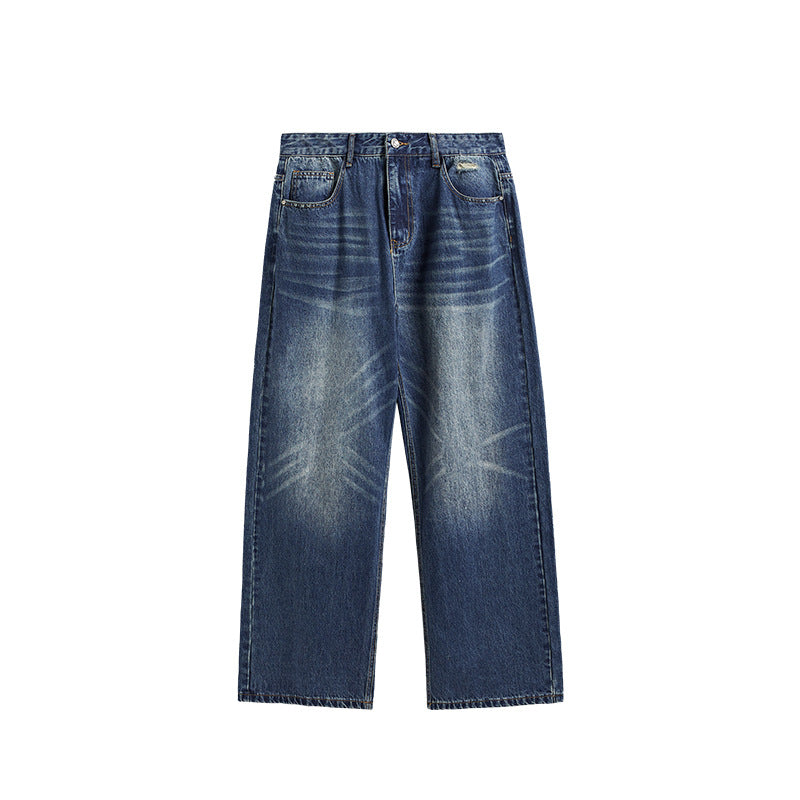 Simple All-matching Straight Men's Clothing Retro Tattered Jeans Wide Leg Jeans