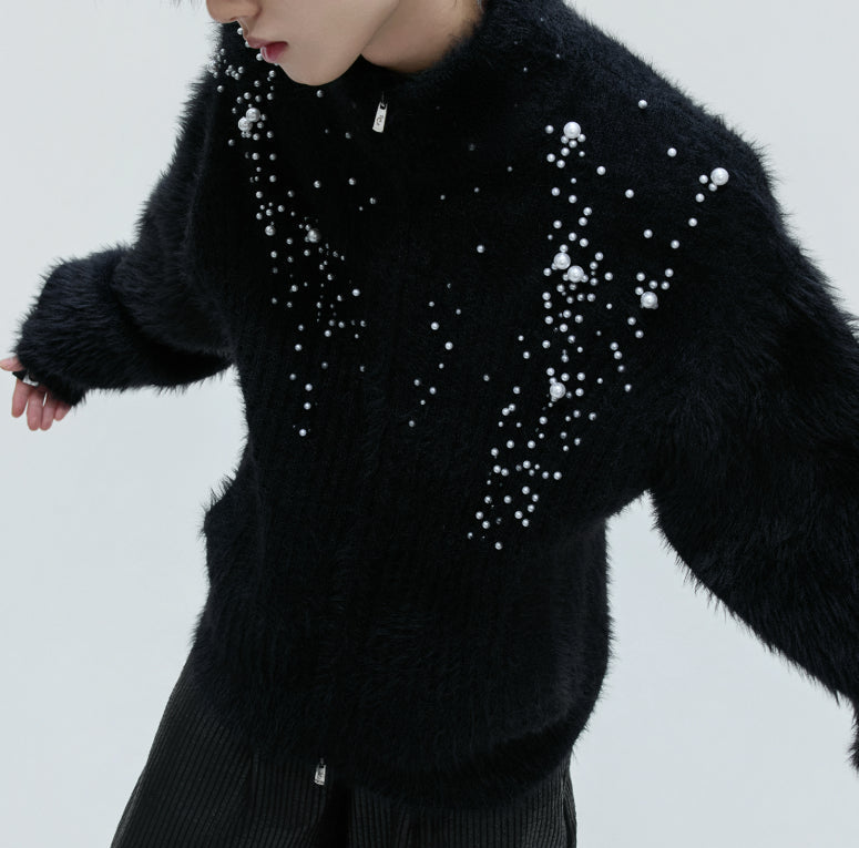 Turtleneck Plush Pearl Embellished Sweater Cardigan
