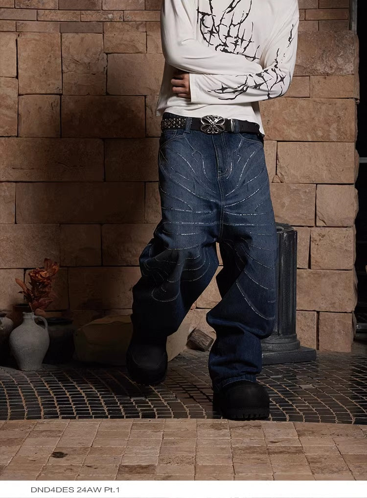 Design Washed Distressed Laser Cat Beard Starry Rhinestone Hot Drilling Loose Wide Leg Jeans