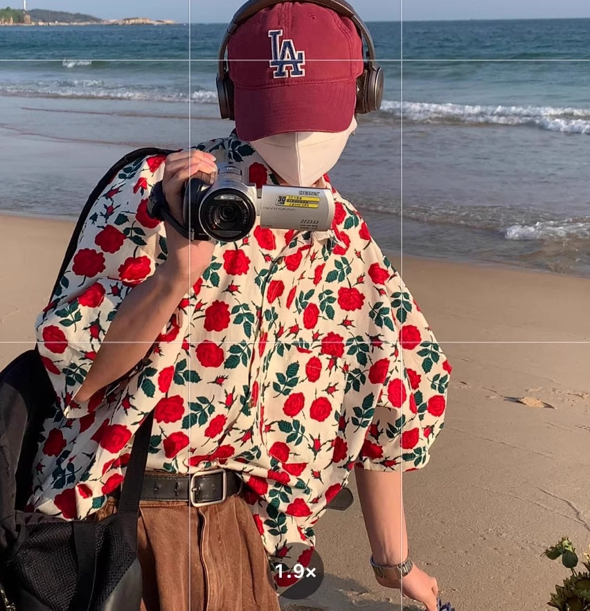 Summer Port Style Retro Rose-printed Short-sleeved Shirt