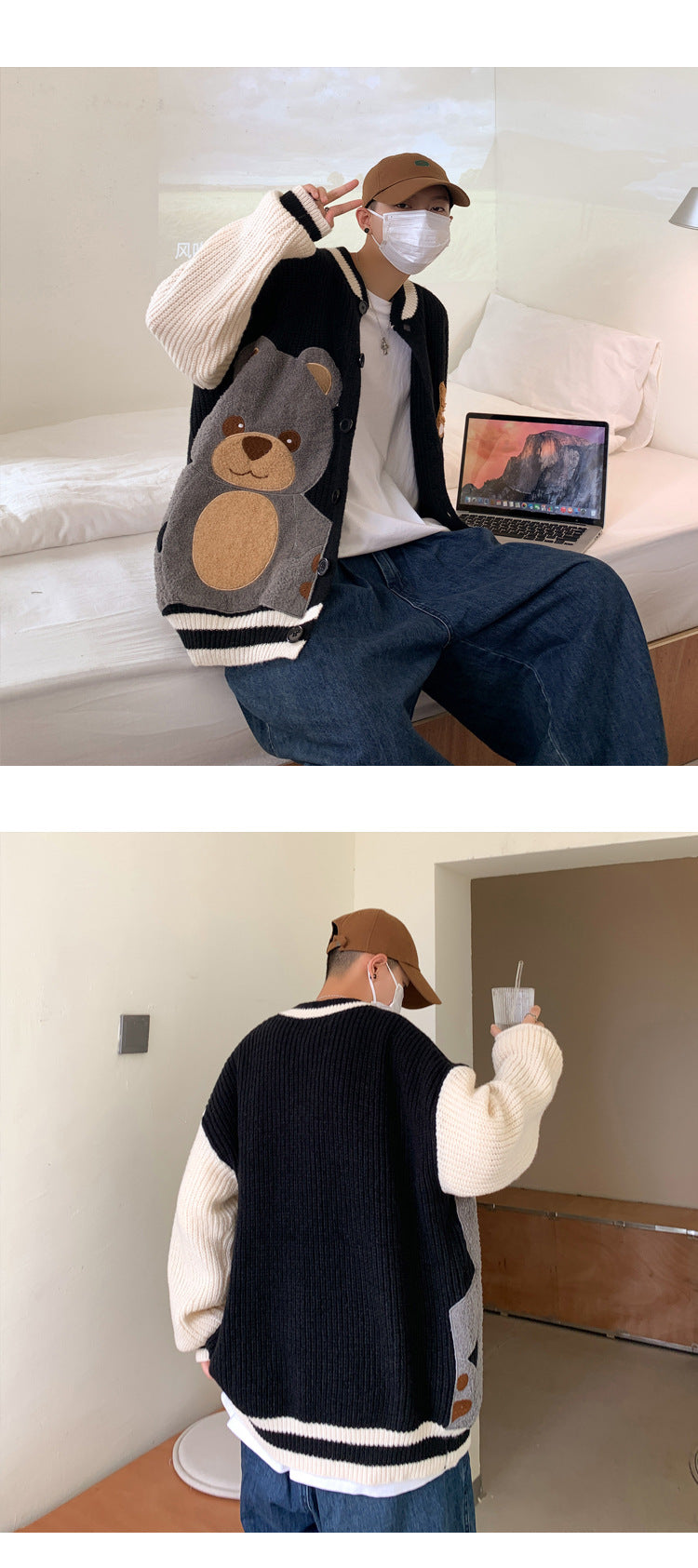 Cartoon Cardigan Sweater Men's Street Loose Casual Knit Sweater Jacket