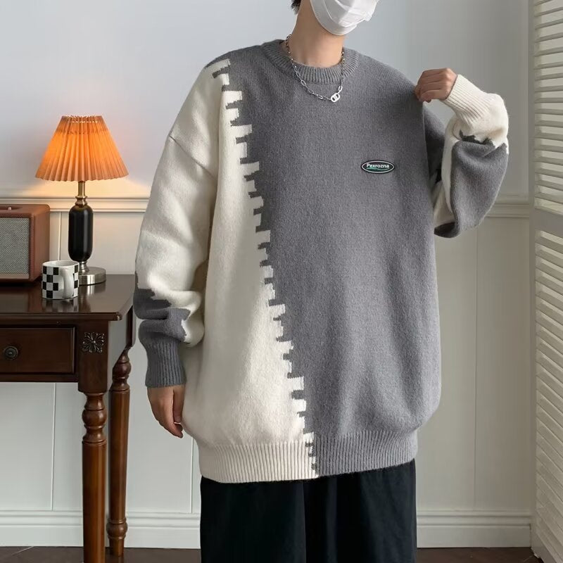 Round Neck Loose Chic Contrasting Design Sweater For Men