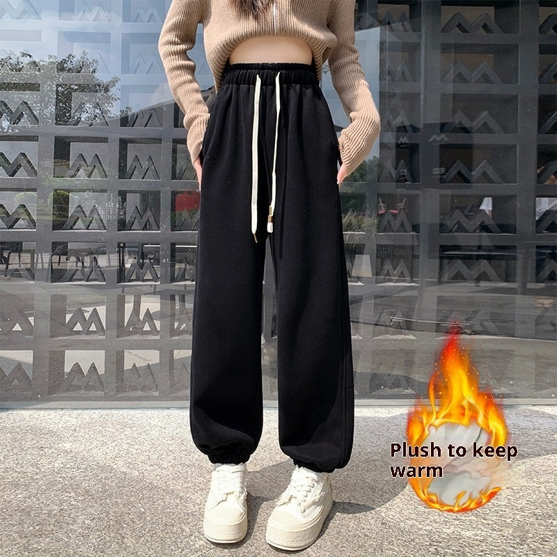 High Waist Velvet Padded Loose Slimming Leisure Bloomers Ankle-tied Sweatpants