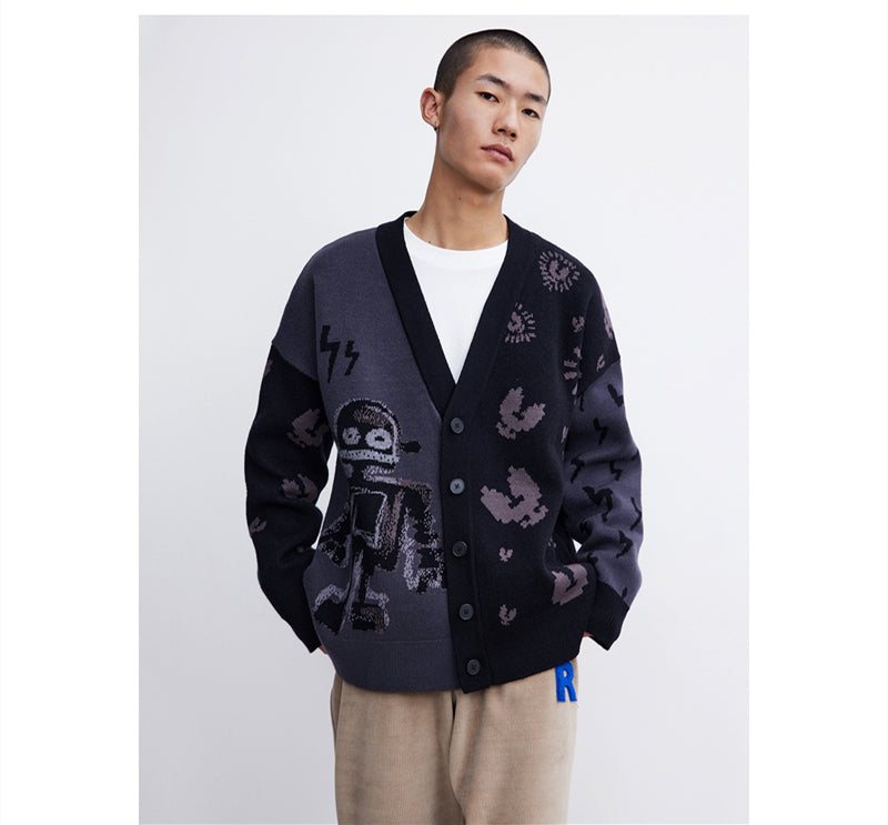 Men's Trendy Funny Robot Jacquard Sweater Knit Jacket