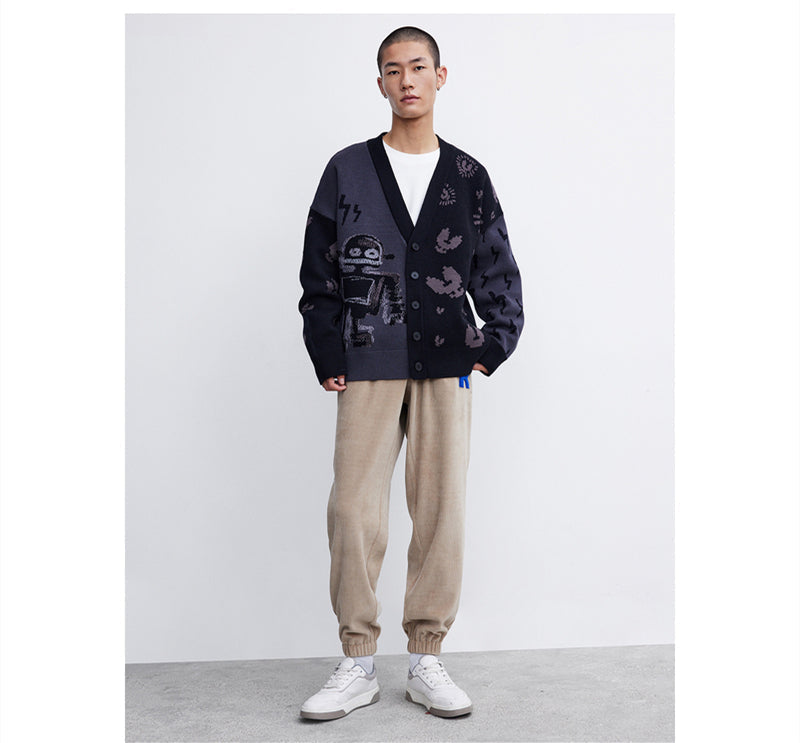 Men's Trendy Funny Robot Jacquard Sweater Knit Jacket