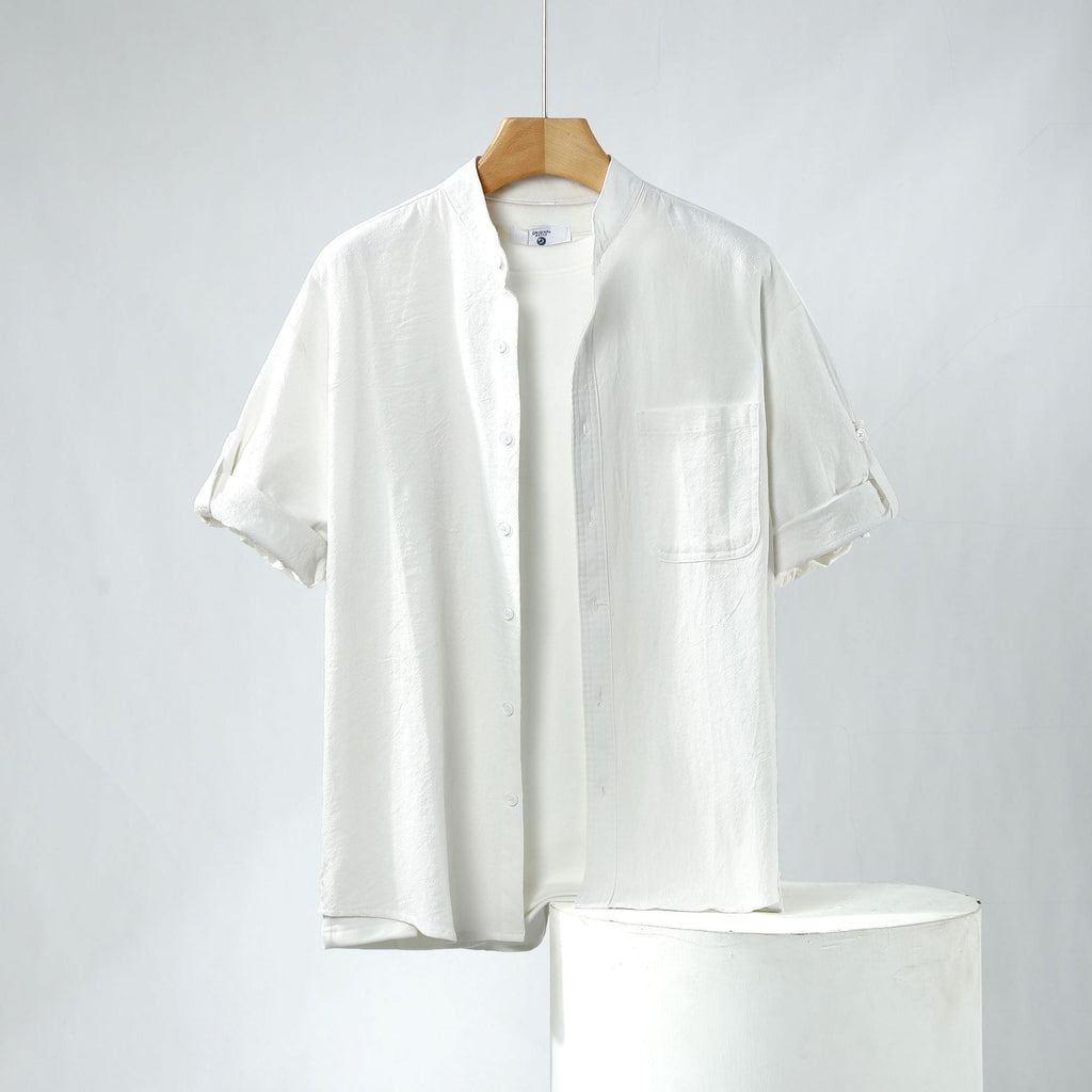 Linen Shirt Men's Short-sleeved Shirt Loose Men's Clothing Chinese Style Summer Cotton Linen Men's Solid Color Simple Stand Collar Top