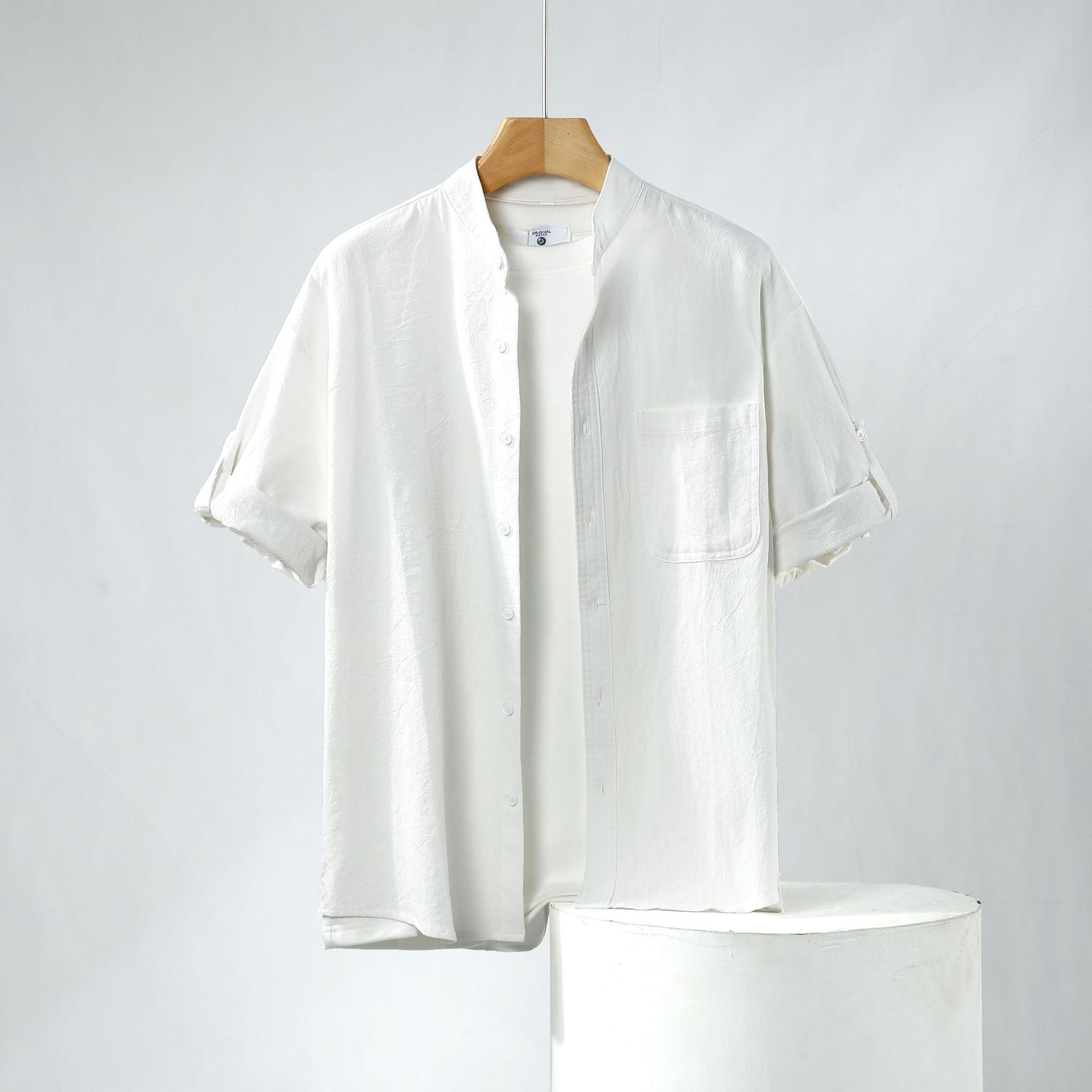 Linen Shirt Men's Short-sleeved Shirt Loose Men's Clothing Chinese Style Summer Cotton Linen Men's Solid Color Simple Stand Collar Top