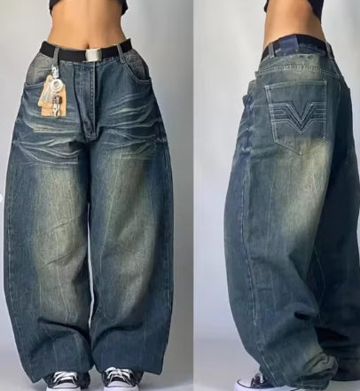 Design Sense American Retro Worn Looking Washed-out Jeans Fashion Brand Youth Wide Leg