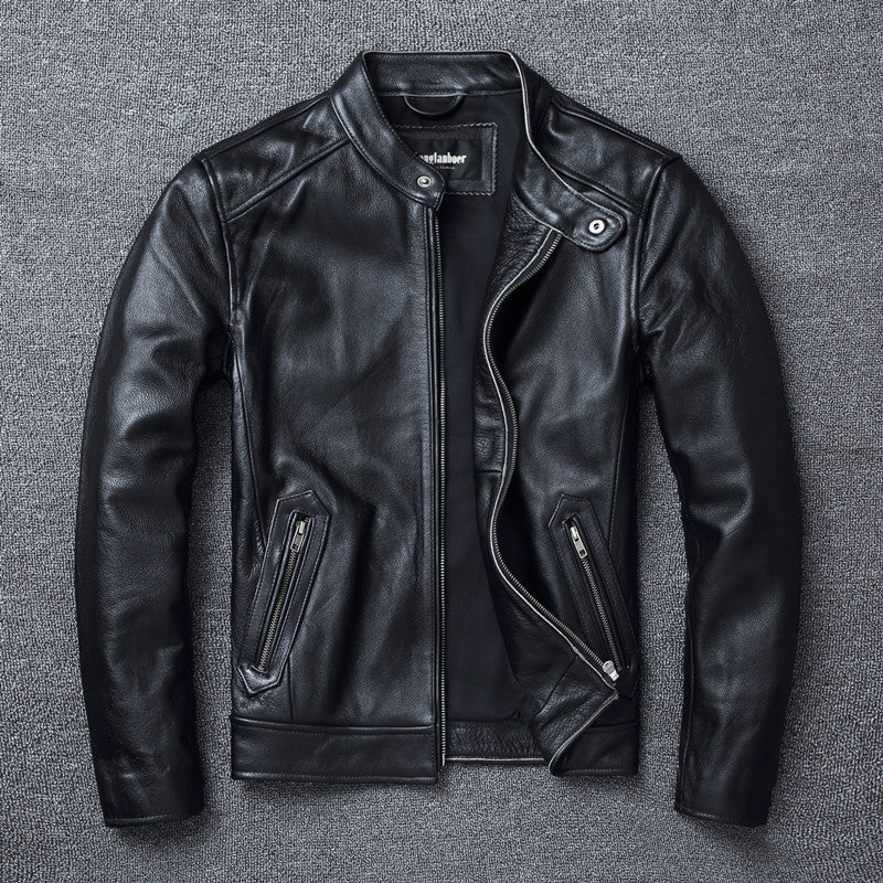 Men's Stand Collar Retro First Layer Cowhide Coat Jacket