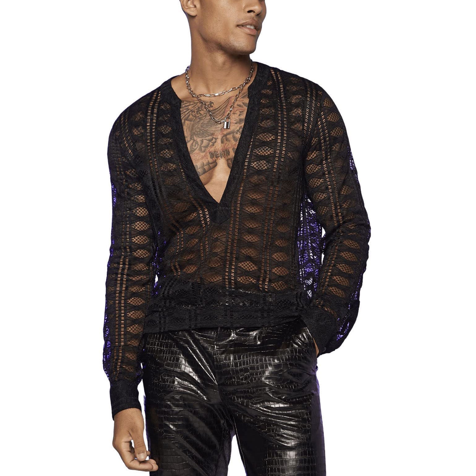 Men's Hollow Out V-neck Long Sleeve Loose-fitting Casual T-shirt Shirt