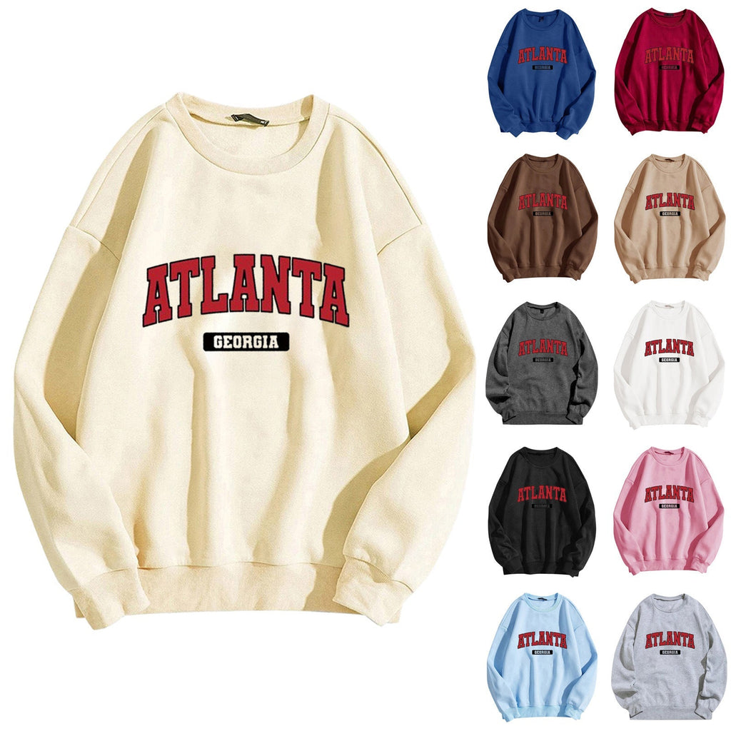 Women's Printed Round Neck Long Sleeve Baseball Uniform Loose Plus Size Fleece Lined Warm Top
