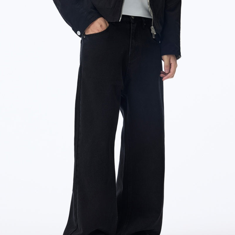 Black Straight-leg Jeans With Fleece Lining For Autumn And Winter, American-style Casual Wide-leg