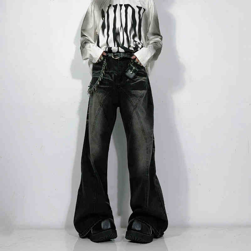 Washed Worn Jeans Straight Mop Casual Trousers