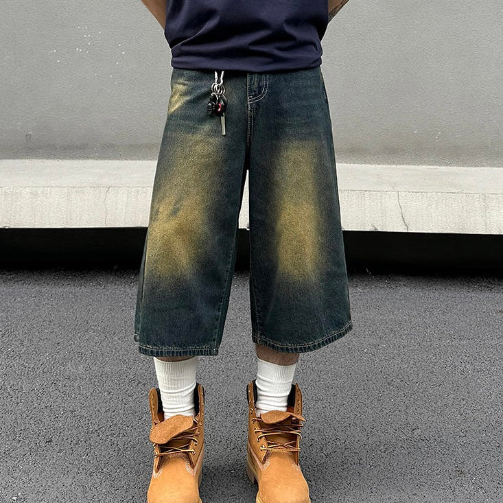 Niche High-grade Washed Distressed Cropped Jeans For Men