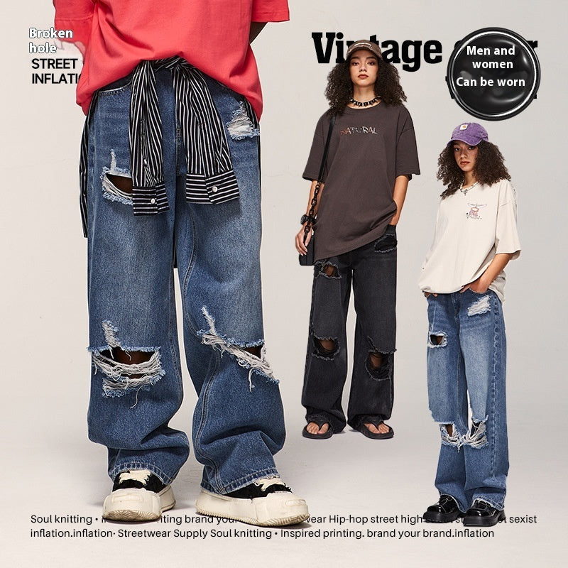 Street Men's Wear Hole Washing Water Wide-leg Jeans