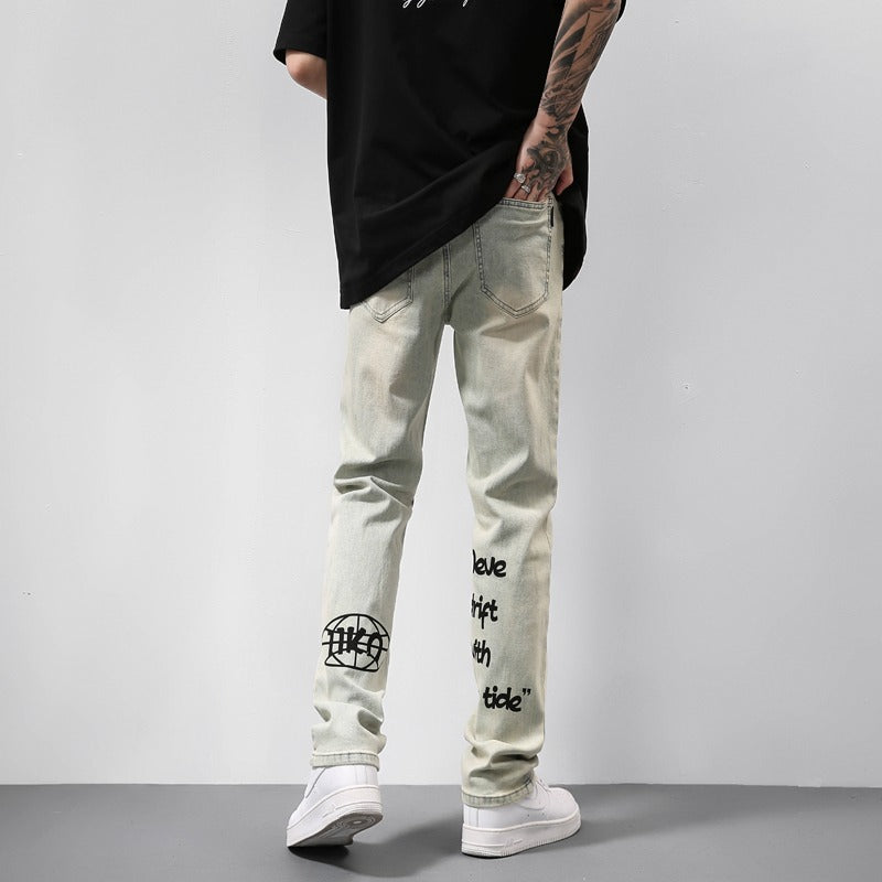 American Vintage Washed Distressed Yellow Mud Dye Letter Print Jeans