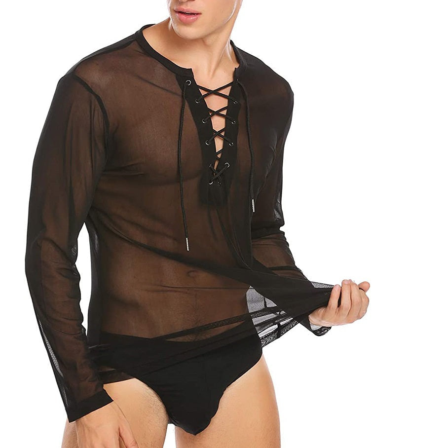 Men's Solid Color Fashion Tulle Lace Up T-shirt